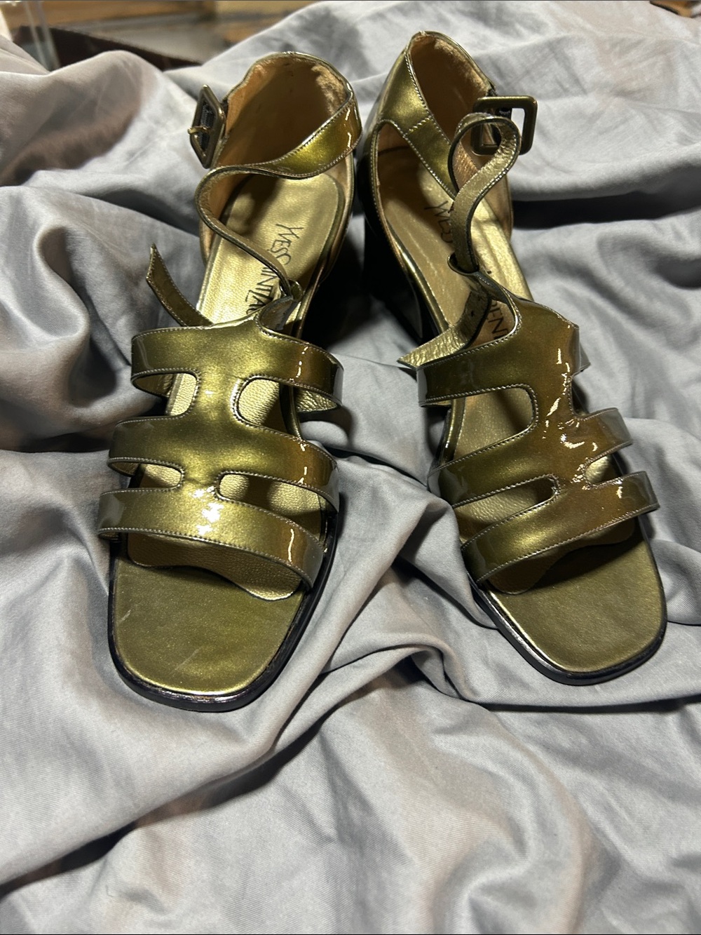 Yves Saint Laurent Olive Patent Strappy Block Sandals